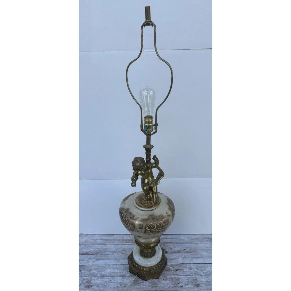 VTG MCM Hollywood Regency Brass Cherub Lamp Iridescent Glass Marble Base Tall